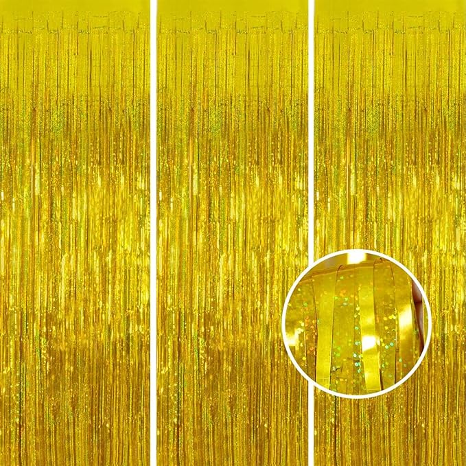 3 Pack Gold Foil Fringe Curtain,Birthday Backdrop Bachelorette Party Decorations 3.28X6.56 Feet Streamer Curtains for Parties Wedding Engagement Shower Graduation Decor