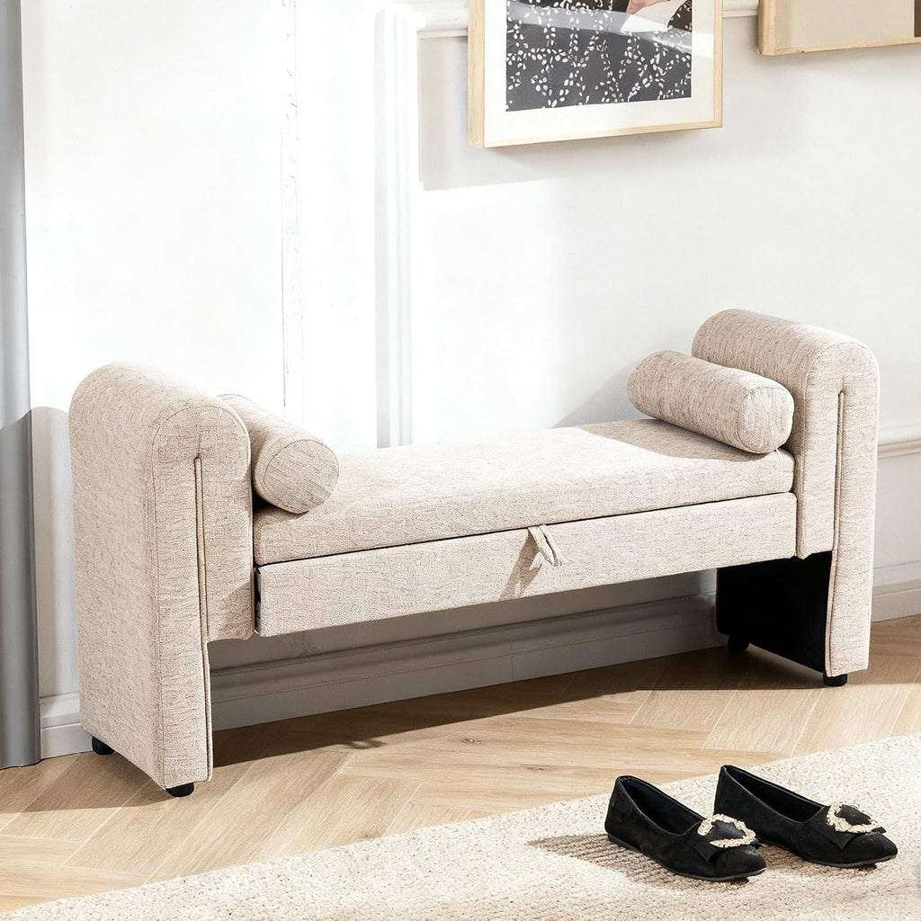 Storage Bench for Bedroom End of Bed, Velvet Upholstered Rolled Armed Button Tufted Sofa Stool Bench, Storage Ottoman Couch Long Bench with Solid Wood Legs (Oatmeal)