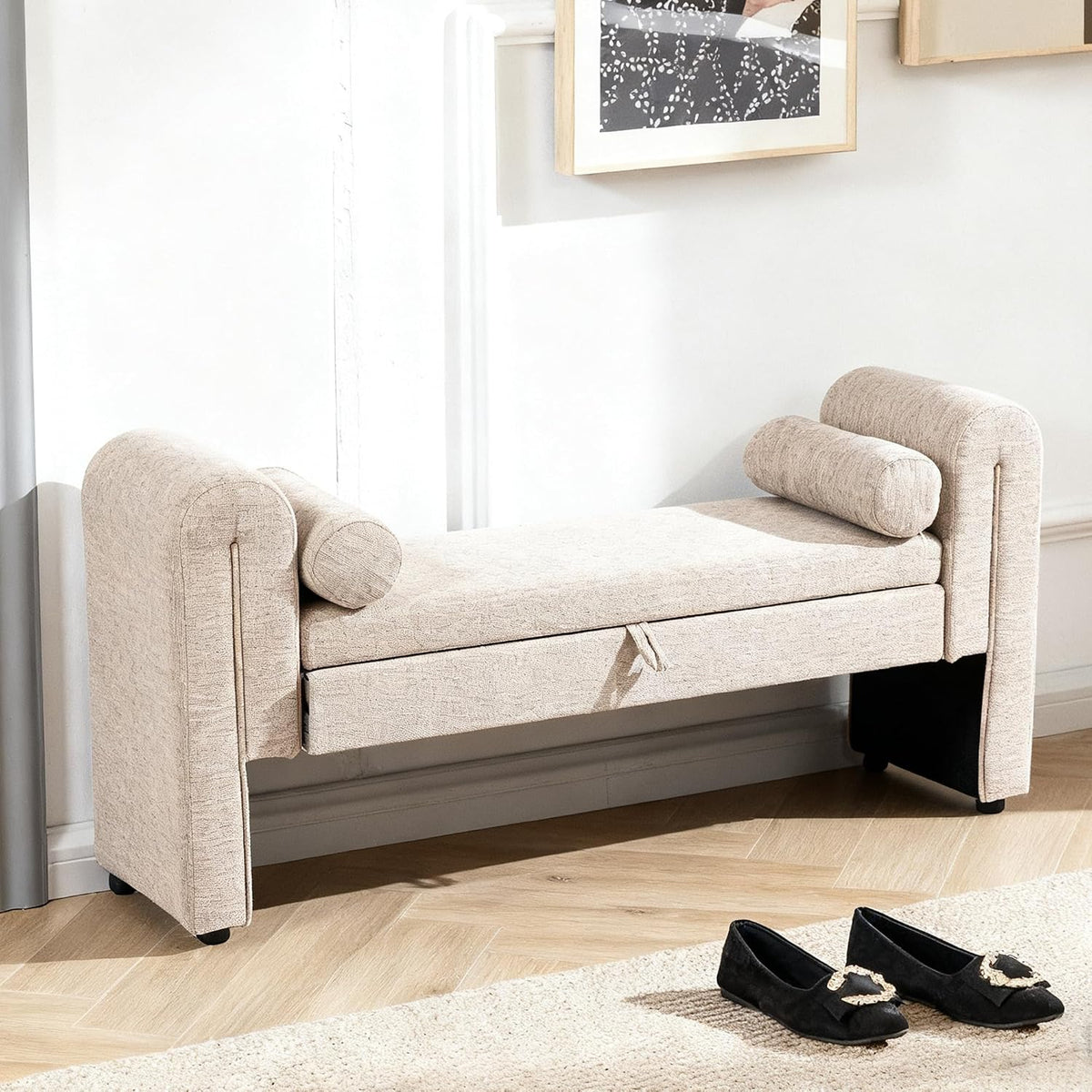 Storage Bench for Bedroom End of Bed, Velvet Upholstered Rolled Armed Button Tufted Sofa Stool Bench, Storage Ottoman Couch Long Bench with Solid Wood Legs (Oatmeal)