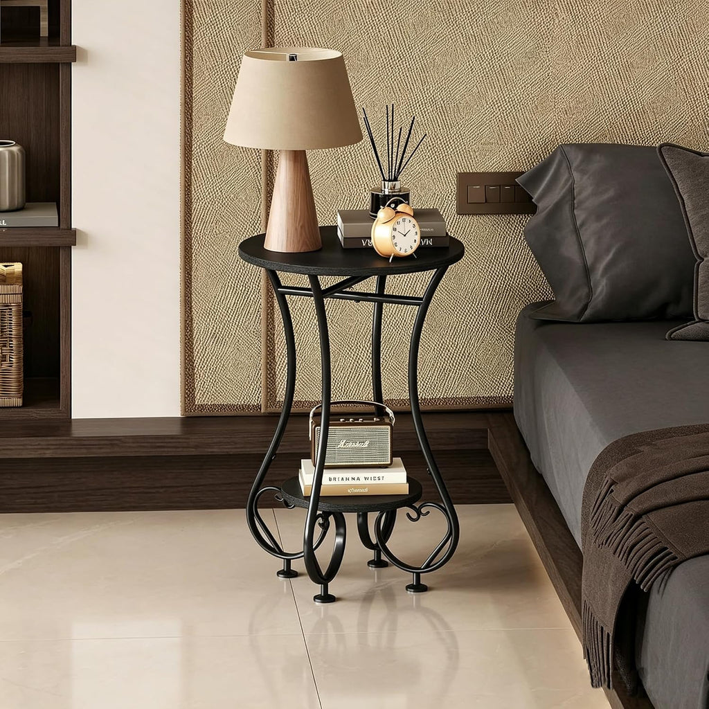 X-cosrack Small Round Side Table,Round End Table for Small Spaces - Black Metal Nightstand with Adjustable Feet,Couch Sofa Coffee Table,Retro Accent Table for Living Room Bedroom Balcony