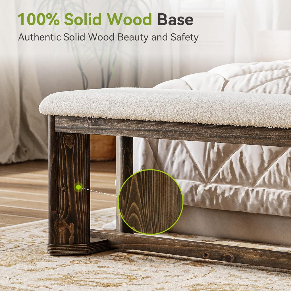 LITTLE TREE 63" Upholstered Bench, Solid Wood Entryway Shoe Bench with Cushion, Long Modern Farmhouse End of Bed Bench with Antique Brown Legs & Faux Lamb Fur Seat for Bedroom, Living Room, Dining