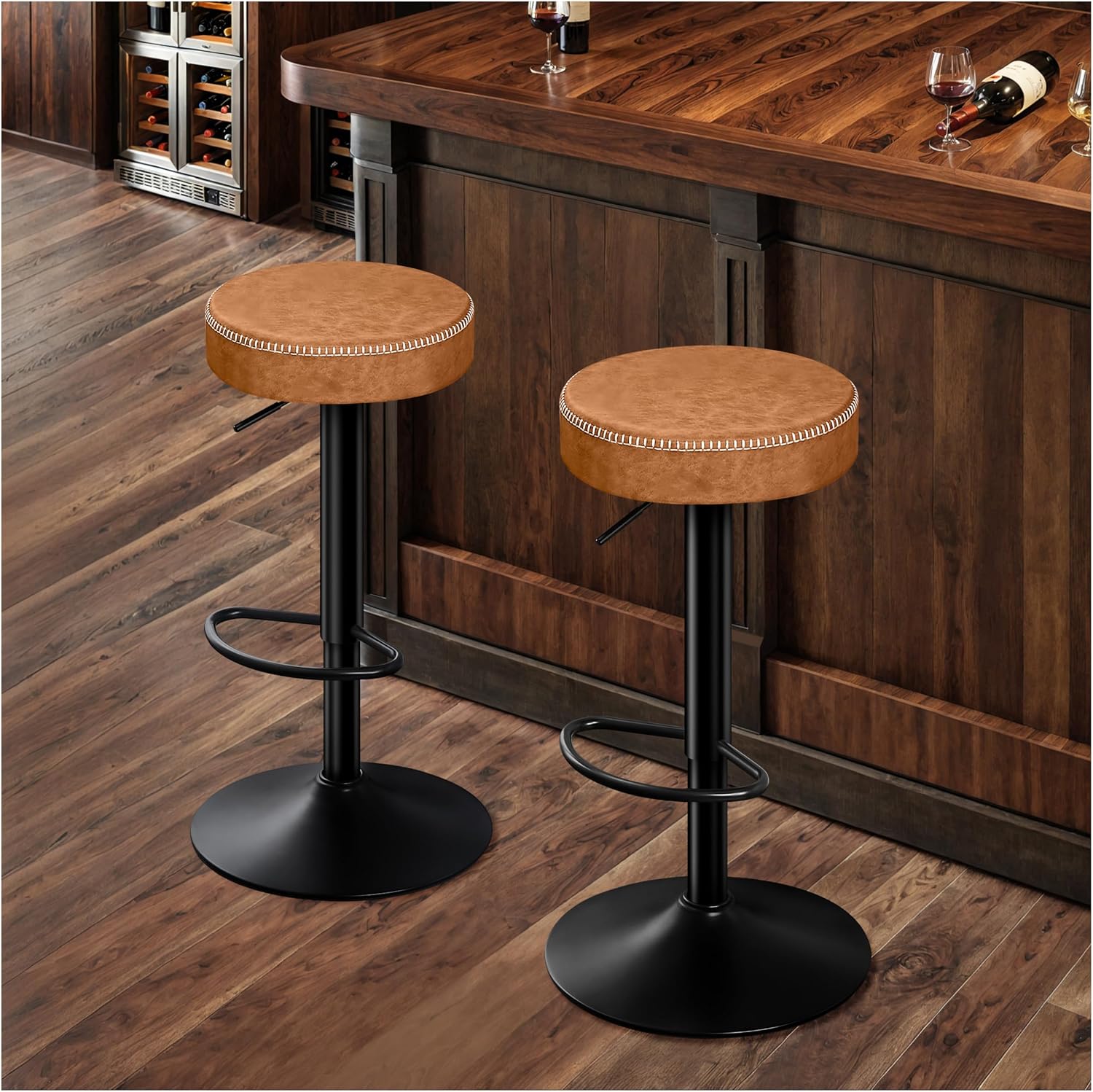 STOOLINK Tall Bar Stools Set of 2, Microfiber Leather Bar Height Stools | 360° Swivel Backless Bar Stools with Round Seat, Adjustable Counter Stools for Kitchen Island, Pub, 330 Lbs, Brown