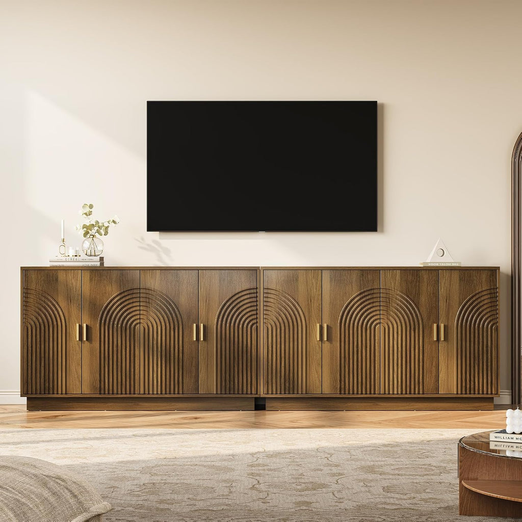 Fluted Sideboard Buffet Cabinet with Storage - 57" Credenza Coffee Bar Cabinet with 4 Doors, Accent Kitchen Storage Cabinets with Adjustable Shelves for Living Room & Kitchen, Entryway, Walnut