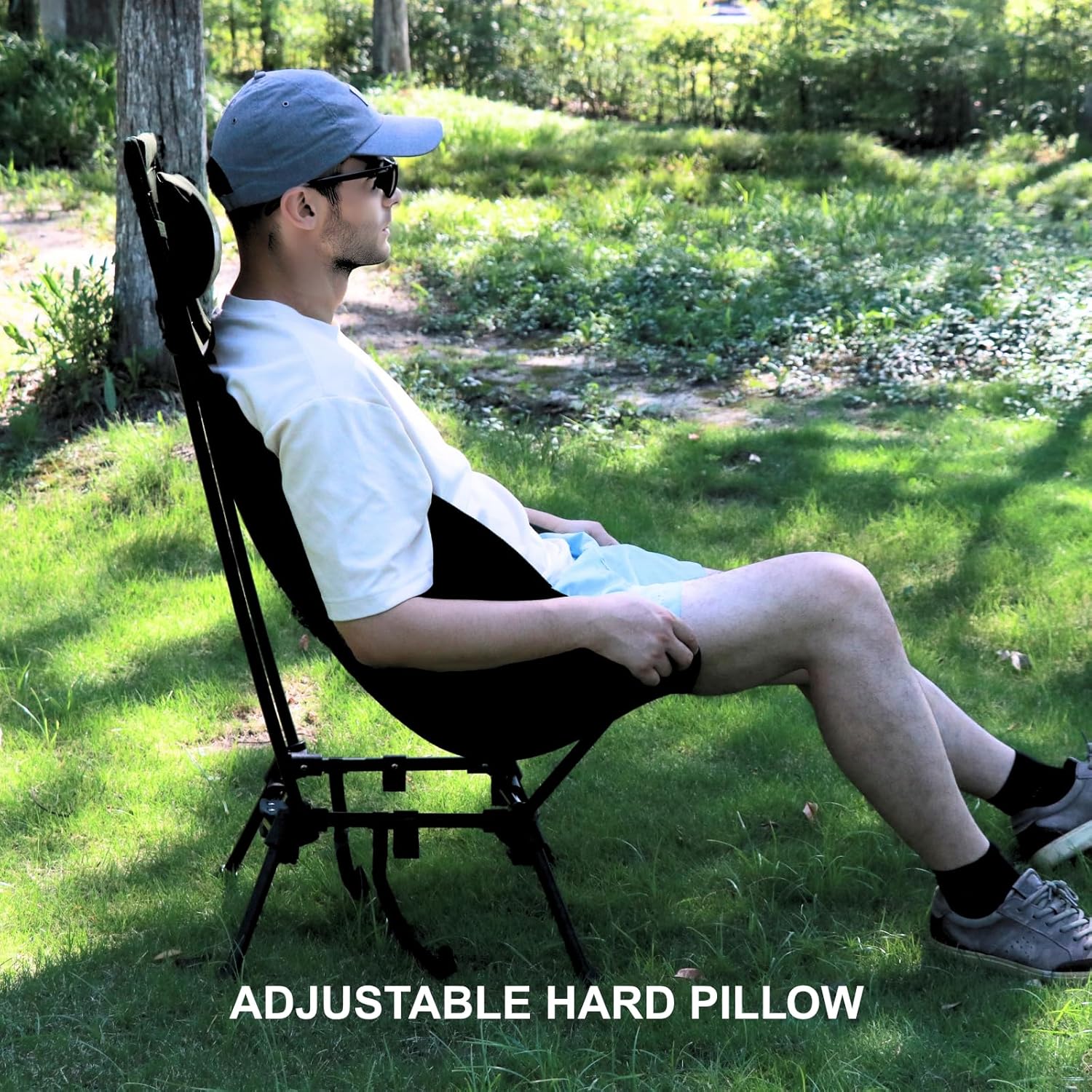 Wildhiker Compact High Back Camping Chair - Foldable with Dual Sitting Modes, Pillow, Arm Pads and Side Pockets - Lightweight Portable Chair for Motorcycle, RV, Festival, Travel - Black