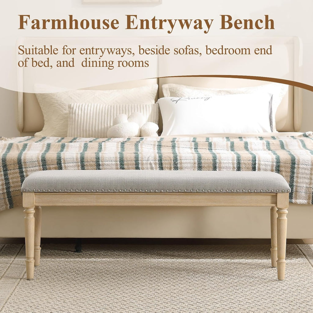 46'' French Country Entryway Bench Wooden Linen Fabric Upholstered Seat Dinng Bench with Nailhead Trim for Hallway End of Bed, Grey