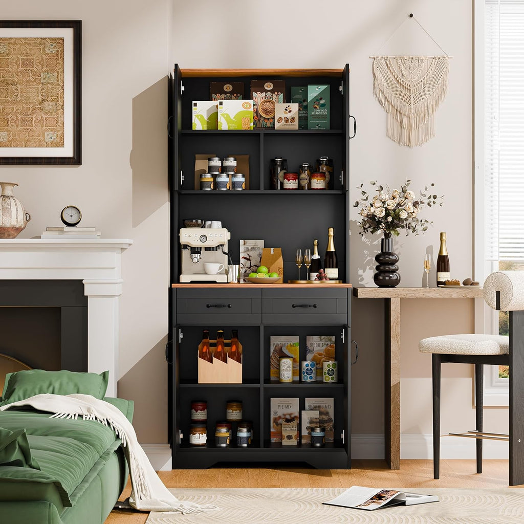 Cozy Castle Pantry Cabinet, Farmhouse Kitchen Hutch Cabinet with Storage Drawers Freestanding Coffee Bar Liquor Sideboard Large Countertop Cupboard for Dining Room, Living Room, 71'' Tall Black