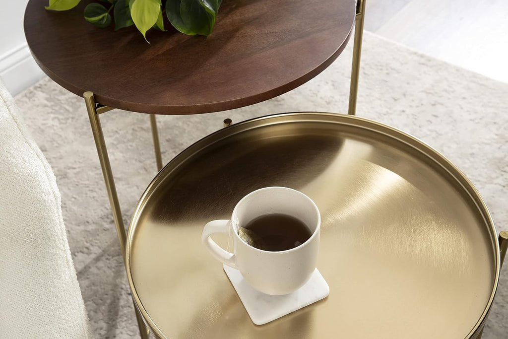 Kate and Laurel Ulani Modern Nesting Side Table, Set of 2, Walnut Brown Wood and Gold Metal, Glamorous End Tables for Storage and Display