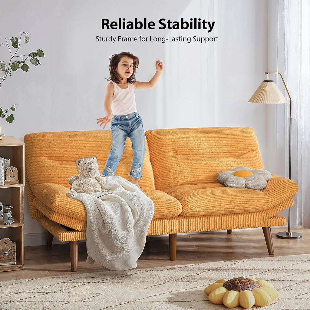 Pipishell Futon Sofa Bed, Modern 66" Futon Couch Convertible to Bed & Lounger, Compact Size, Corduroy Loveseat, Durable Construction - Fits Small Spaces, Apartments,Study Room (Yellow, 66 Inch)