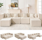MONVANE 130'' Modular Sectional Cloud Couch for Living Room, 6 Seater Convertible Chenille Couches Set with Ottoman & Pillow, No Assembly Compression Sofas, Comfy Floor Sofa with Memory Foam, Beige