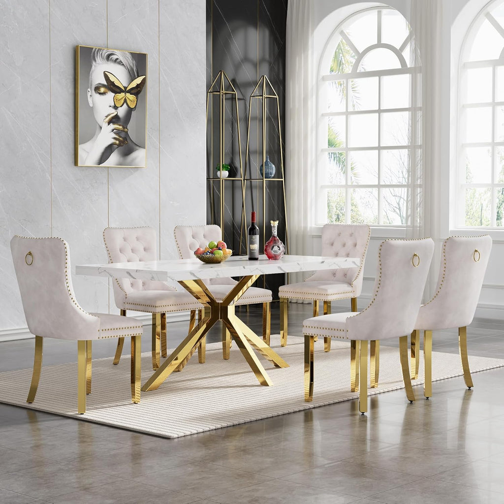 70 inch Faux Marble Dining Table for 4-6, Modern Kitchen Table with White Faux Marble Tabletop, Gold Stainless Steel X Base, Rectangular Dining Room Table for Dinner, Party, Meeting, Celebration