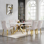 70 inch Faux Marble Dining Table for 4-6, Modern Kitchen Table with White Faux Marble Tabletop, Gold Stainless Steel X Base, Rectangular Dining Room Table for Dinner, Party, Meeting, Celebration