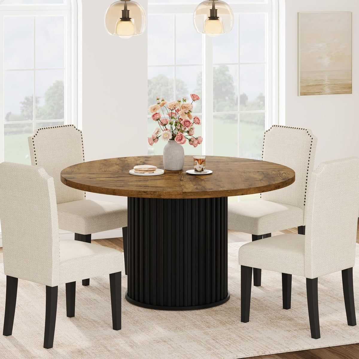 GarveeHome 47" Round Dining Table for 4-6 People, Dining Room Table with Sturdy Waveform Metal Pedestal Base, Farmhouse Circle Kitchen Table for Dining Room, Kitchen