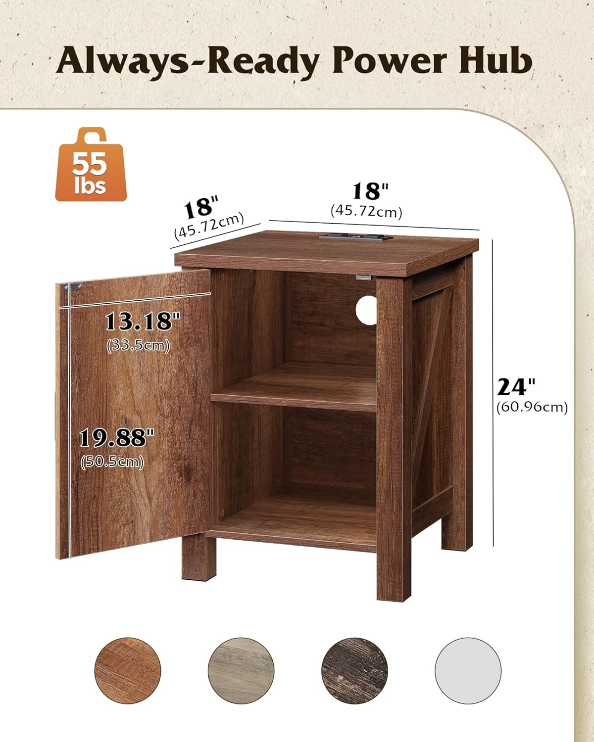 WLIVE Farmhouse Nightstand with Charging Station, Rustic Brown End Table with Barn Door and Adjustable Storage Shelf, 18" Modern Wood Night Stand Bedside Table for Bedroom