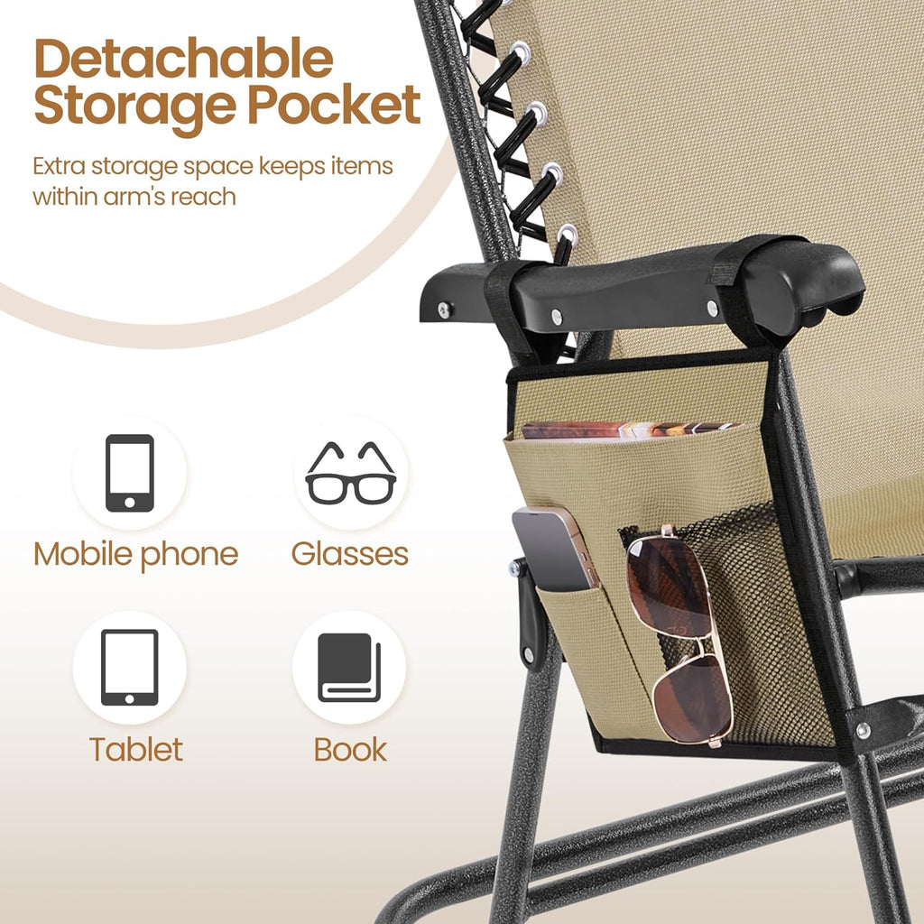 Yaheetech Patio Rocking Chair Folding Camping Chair with Pocket, Beige | Folding rocking recliner with smooth zero-gravity recline, ergonomic design with pillow. Great for patio, lawn & camping.