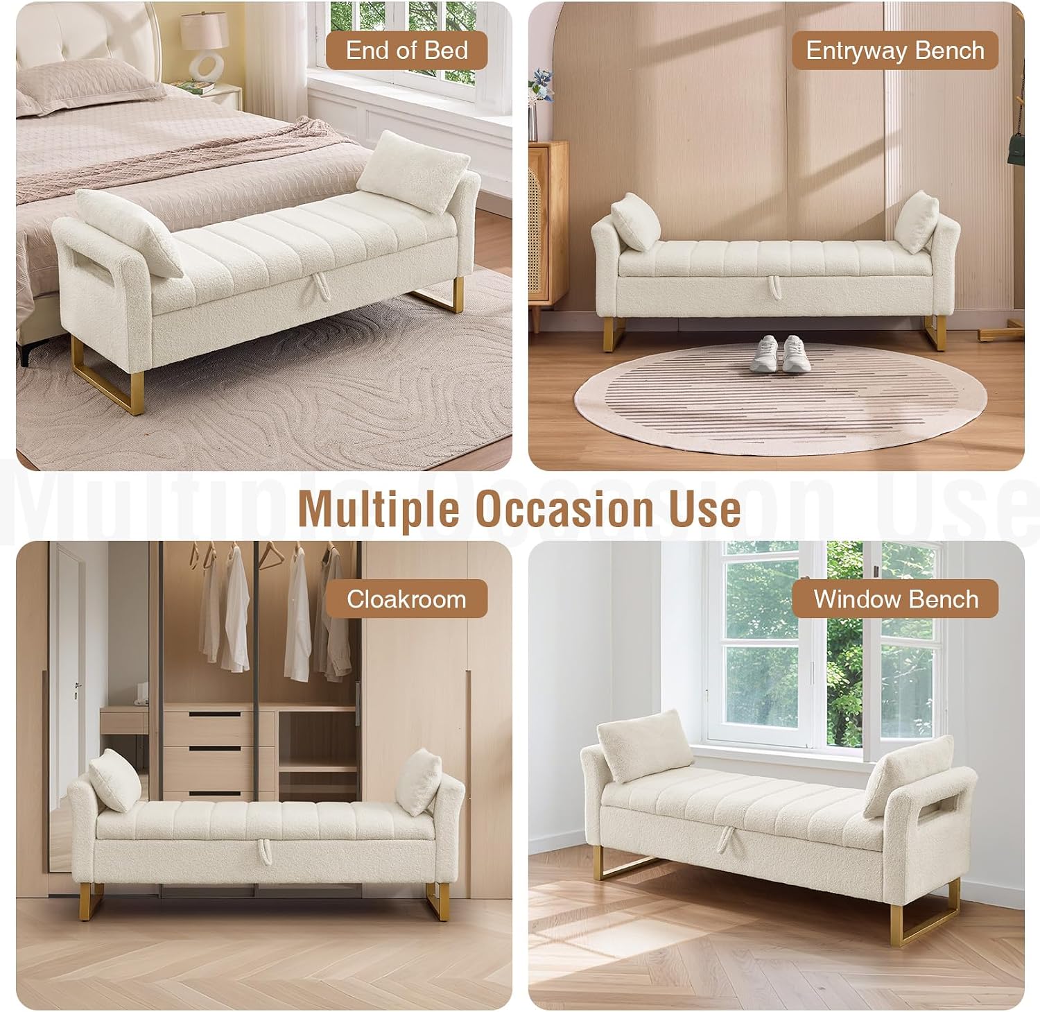 66" King Size Storage Bench for Bedroom End of Bed Benches with Storage | Bedroom Benches for Foot of Bed King with Gold Legs,2 Pillows,Storage Ottoman Bench for Bedroom,Entryway Teddy Ivory White
