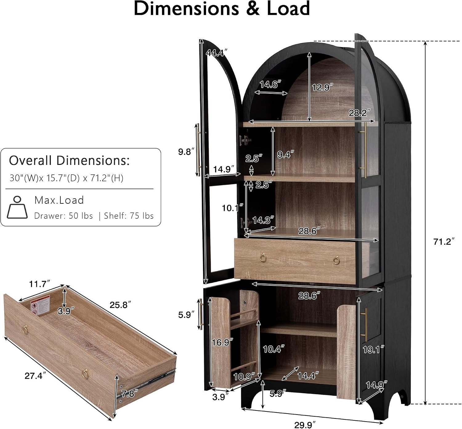 71" Tall Arched Pantry Cabinet with Glass Doors and Adjustable Shelves, Farmhouse Arched Pantry Cabinet with Drawer for Kitchen, Dining Room, Living Room, Bathroom, Black