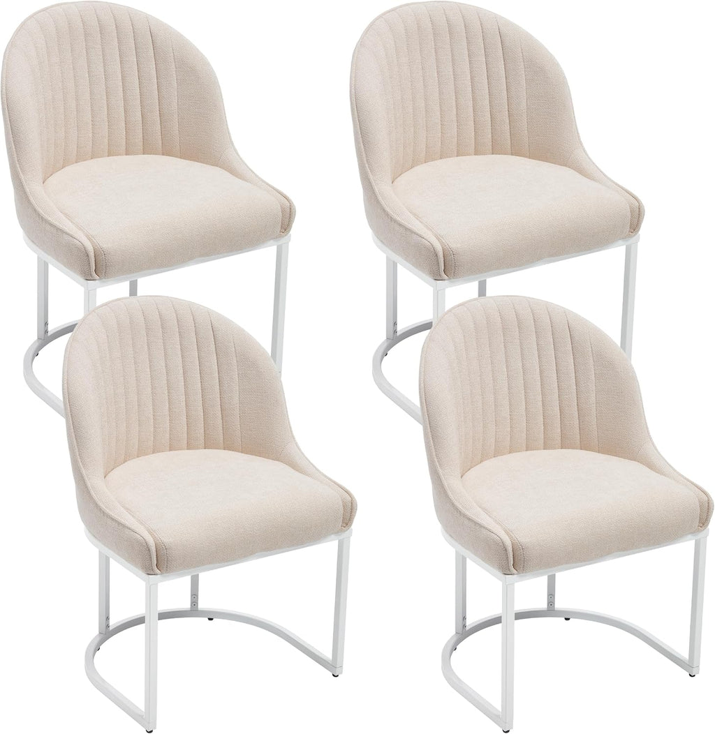 Linen Dining Chair Set of 4, Modern Upholstered Kitchen Chair with White Metal Legs, Kitchen & Dining Room Chairs for Restaurant/Bedroom/Living Room (Beige+White, Set of 4)