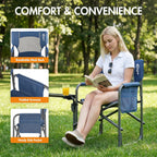 Portal Folding Director Chair with 2-Way Rotating Side Table, Heavy Duty 300 lb Camping Chair with Swivel Tray & Cup Holder, Ergonomic Mesh Back Portable Outdoor Seat for RV, Tailgating & Lawn, Blue