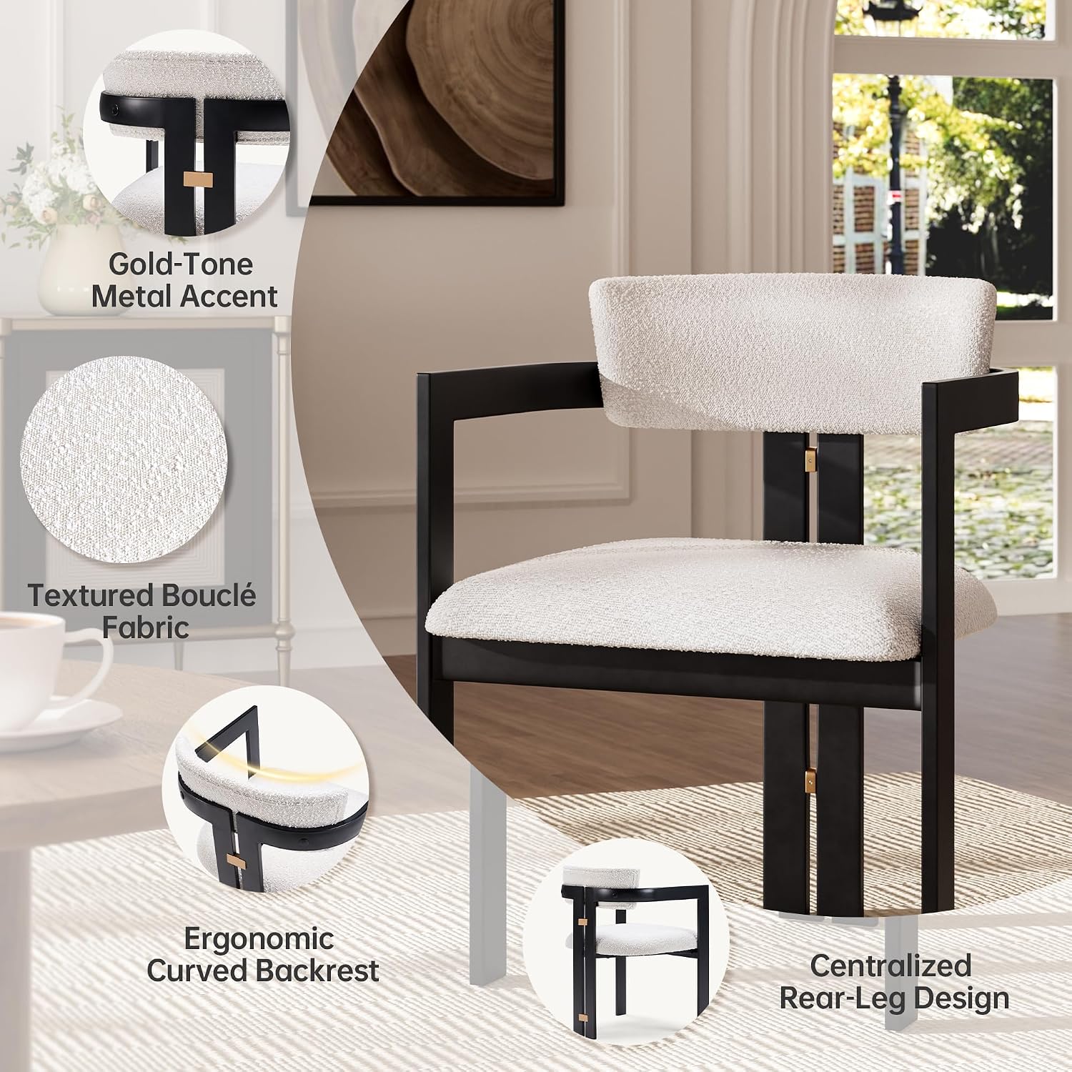 Morden Fort Boucle Dining Chair Set of 4, Upholstered Kitchen Chairs with Metal Frame & Round Back, Barrel Side Chair for Dining Room, Kitchen, Living Room, Apartments