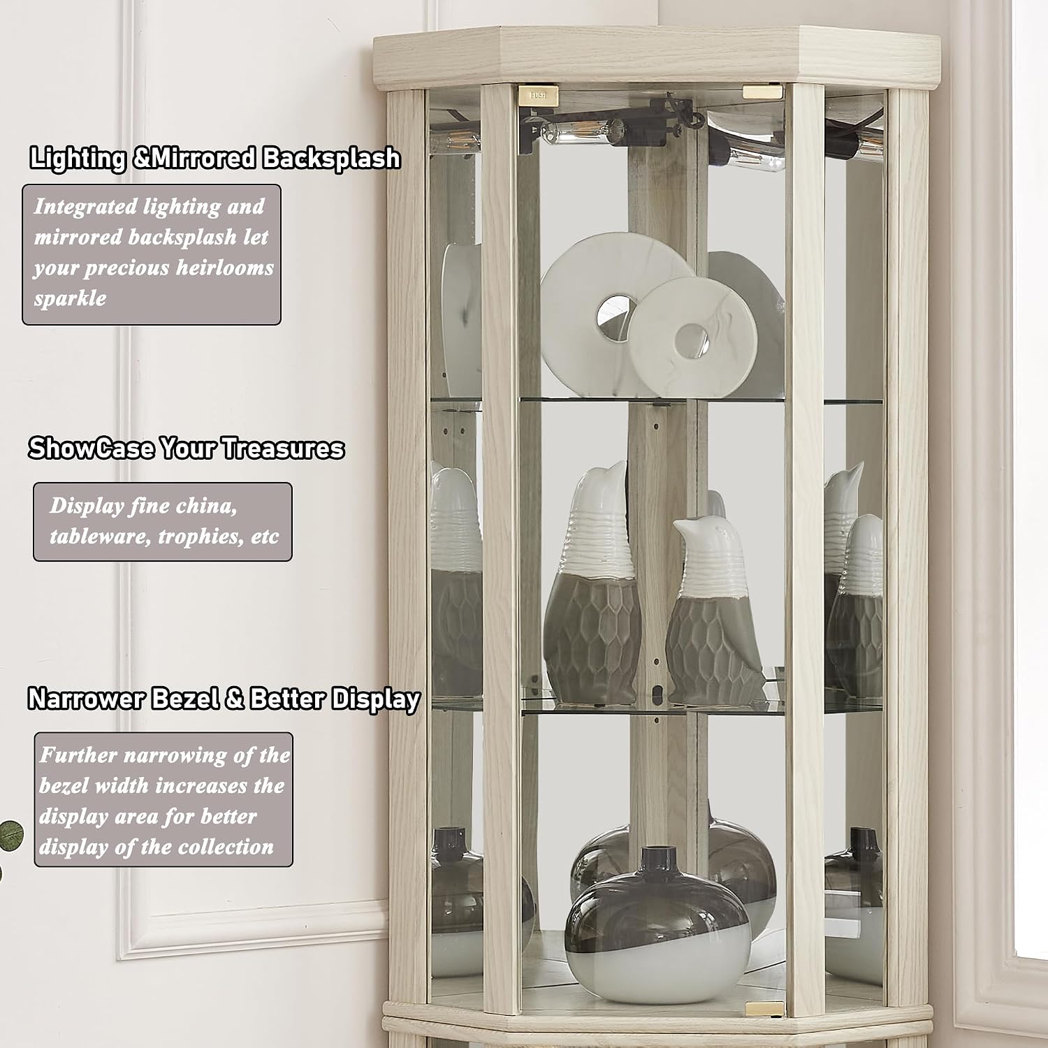 69" H Lighted Curio Cabinet Corner Display Case, Corner Glass Case with Adjustable Shelves and Tempered Glass, Wooden Curio Cabinet w/Mirrored Back Pane for Living Room