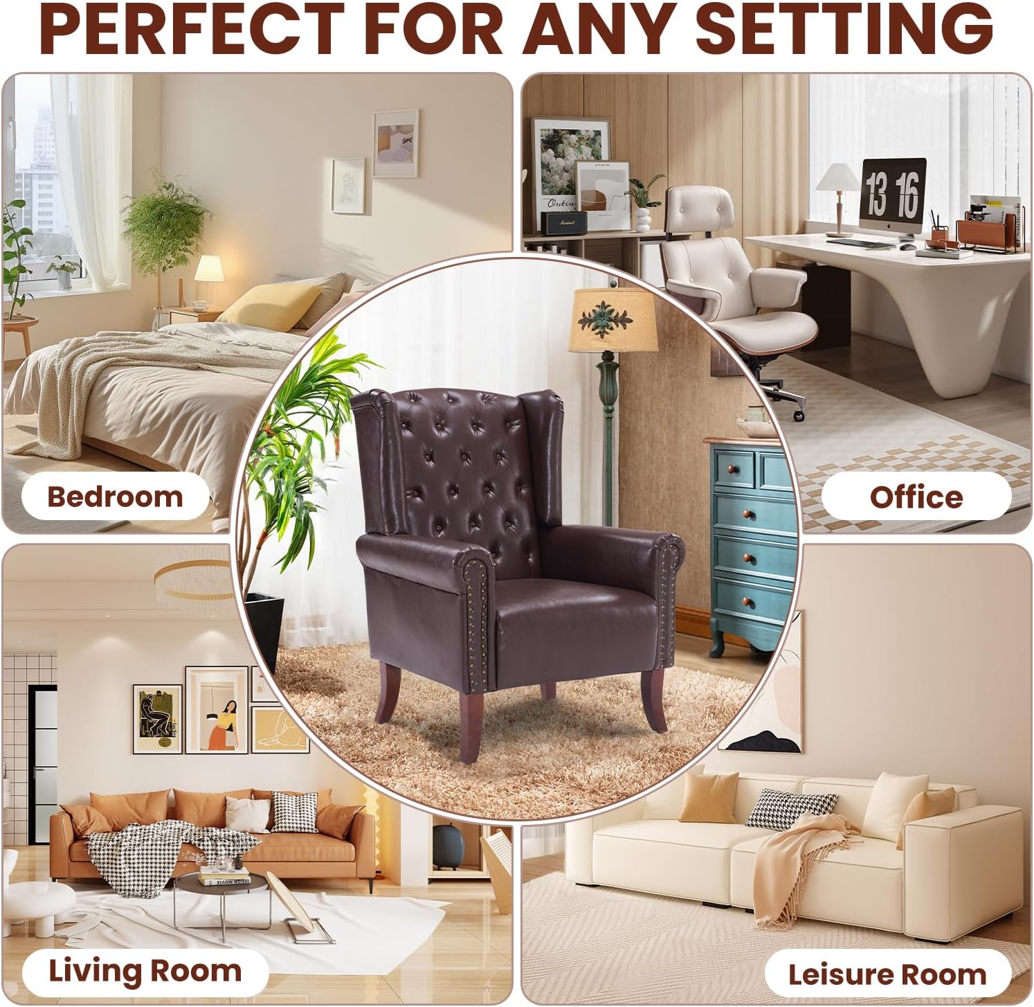 Modern Accent Chair Set of 2, Mid-Century Faux Leather Armchair Upholstered Club Sofa Chair with Wooden Legs, High Back Living Room Chair for Bedroom, Office, Lounge (Caramel)