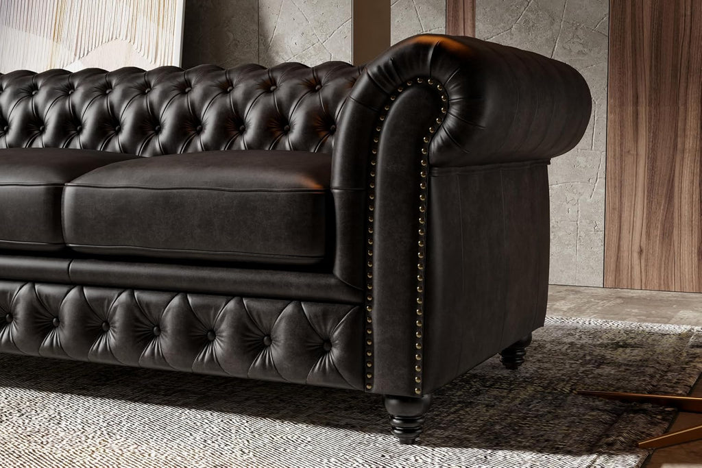 Valencia Parma Chesterfield 3 Seater Sofa 82" | Premium Leather | Mid-Century Leather Couch with Classic Button Tufted Back, Wood Legs for Living Room, Black