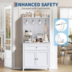 Garvee Pantry Cabinet with 4 Hooks, Kitchen Pantry Cabinet, Coffee Bar Table with Drawer & Adjustable Shelves, White