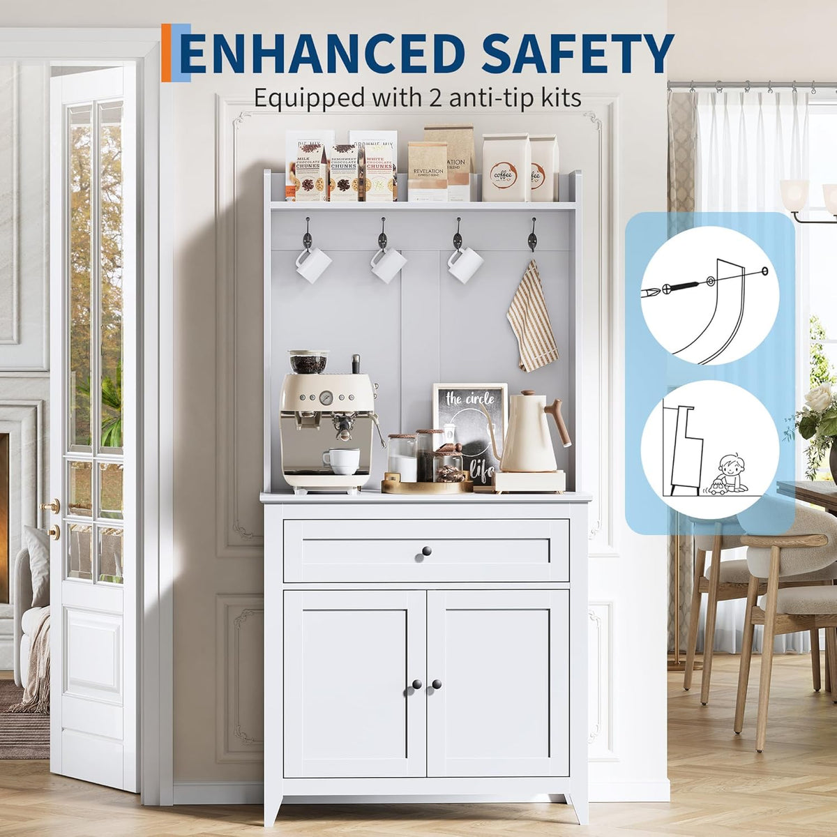 Garvee Pantry Cabinet with 4 Hooks, Kitchen Pantry Cabinet, Coffee Bar Table with Drawer & Adjustable Shelves, White