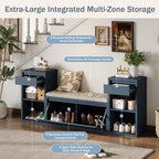 SOFTSEA All-in-One Entryway Storage Bench with Cushion, Compartments, Drawers and Open Shelves, Farmhouse Storage Bench for Hallway, Mudroom, Living Room, Antique Navy