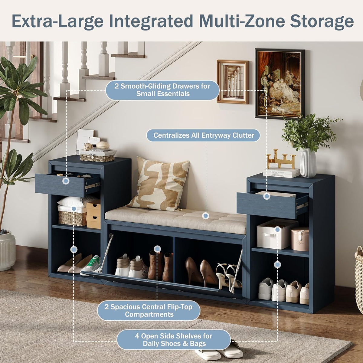 SOFTSEA All-in-One Entryway Storage Bench with Cushion, Compartments, Drawers and Open Shelves, Farmhouse Storage Bench for Hallway, Mudroom, Living Room, Antique Navy