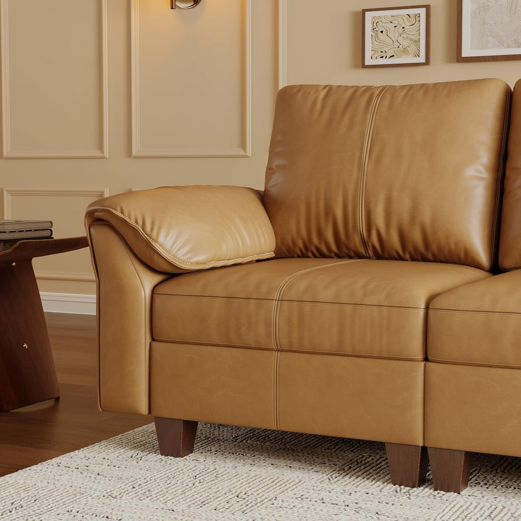 SITJOY Faux Leather Modular Sectional Sofa with Storage, Mid Century Modern Sectional Couches for Living Room, 11.8" Wide Armrests, 96" Wide 3 Seater L Shaped Couch with Chaise, Brown