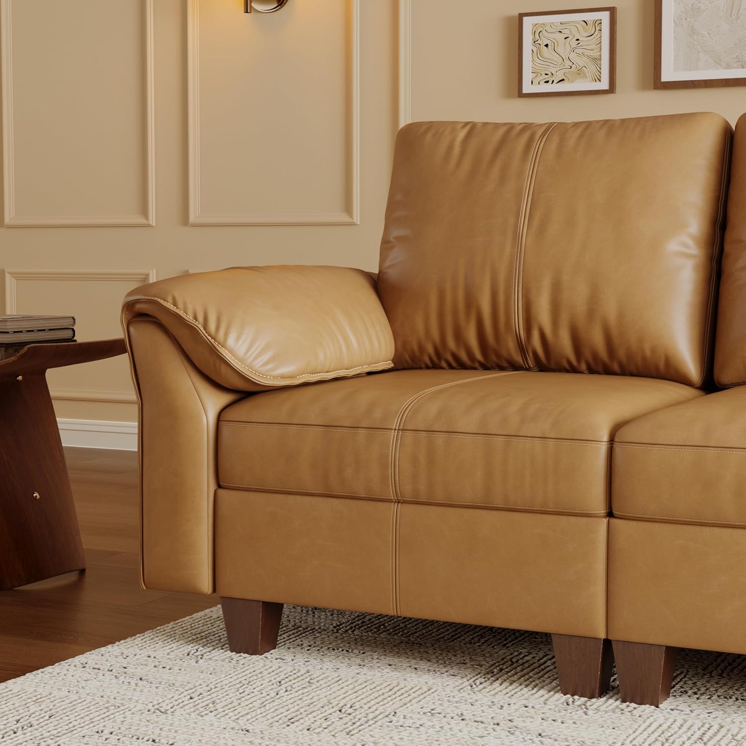 SITJOY Faux Leather Modular Sectional Sofa with Storage, Mid Century Modern Sectional Couches for Living Room, 11.8" Wide Armrests, 96" Wide 3 Seater L Shaped Couch with Chaise, Brown