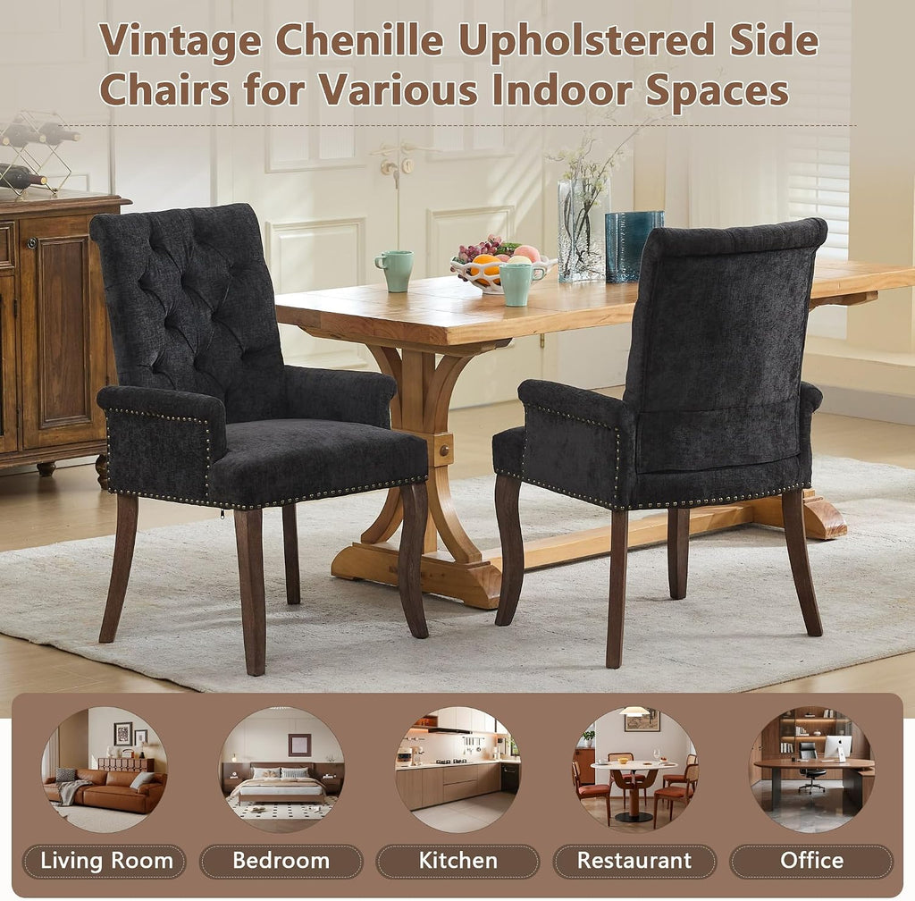 mikibama Chenille Upholstered Dining Chairs with High Back Set of 2,Vintage Tufted Kitchen Chairs with Rolled Arms,Farmhouse Fabric Accent Side Chair with Arms for Living Room (2, Black)