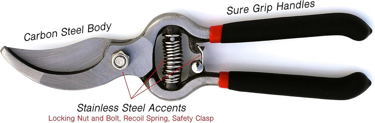 GARDEN GURU Classic Bypass Pruning Shears Clippers – Heavy Duty Forged Steel Garden Pruners – Safety Lock – Non Slip Comfort Grips – Cuts up to 1” Diameter – Professional Bypass Pruners for Gardening