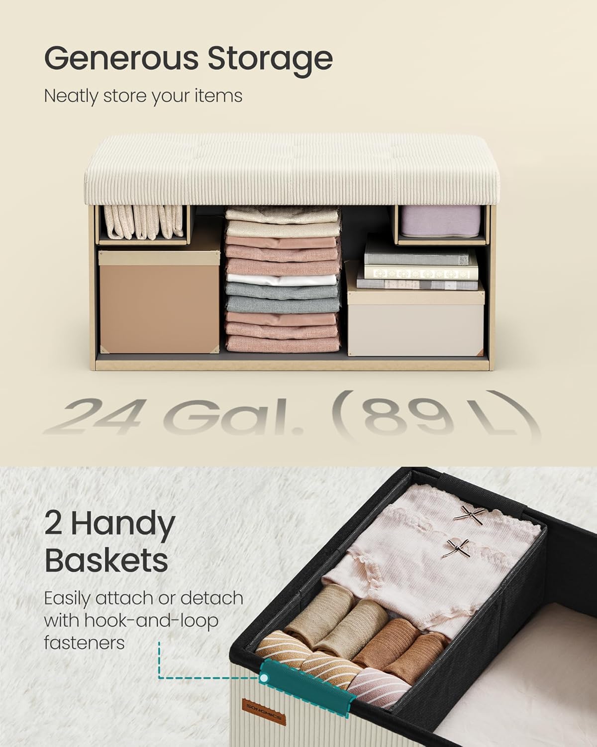 SONGMICS Mazie Collection - Storage Ottoman Bench, Foldable Foot Rest, 15 x 30 x 15 Inches, End of Bed Bench, Storage Chest, Load 660 lb, Living Room, Bedroom, Entryway, Cream White ULSF603W01