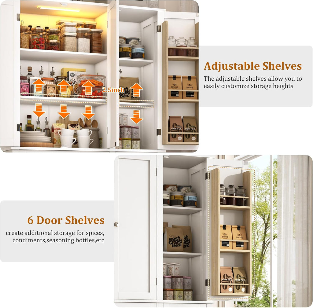 71"H Tall Kitchen Pantry Cabinet with LED Lights,39"W Modern Large Kitchen Hutch Cabinet w/6 Door Shelves,2 Large Drawer,Freestanding Food Pantry w/Adjustable Shelves for Kitchen,Dining Room,White