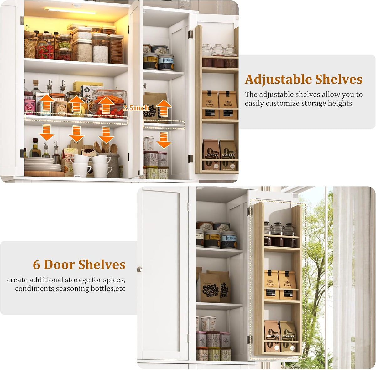 71"H Tall Kitchen Pantry Cabinet with LED Lights,39"W Modern Large Kitchen Hutch Cabinet w/6 Door Shelves,2 Large Drawer,Freestanding Food Pantry w/Adjustable Shelves for Kitchen,Dining Room,White