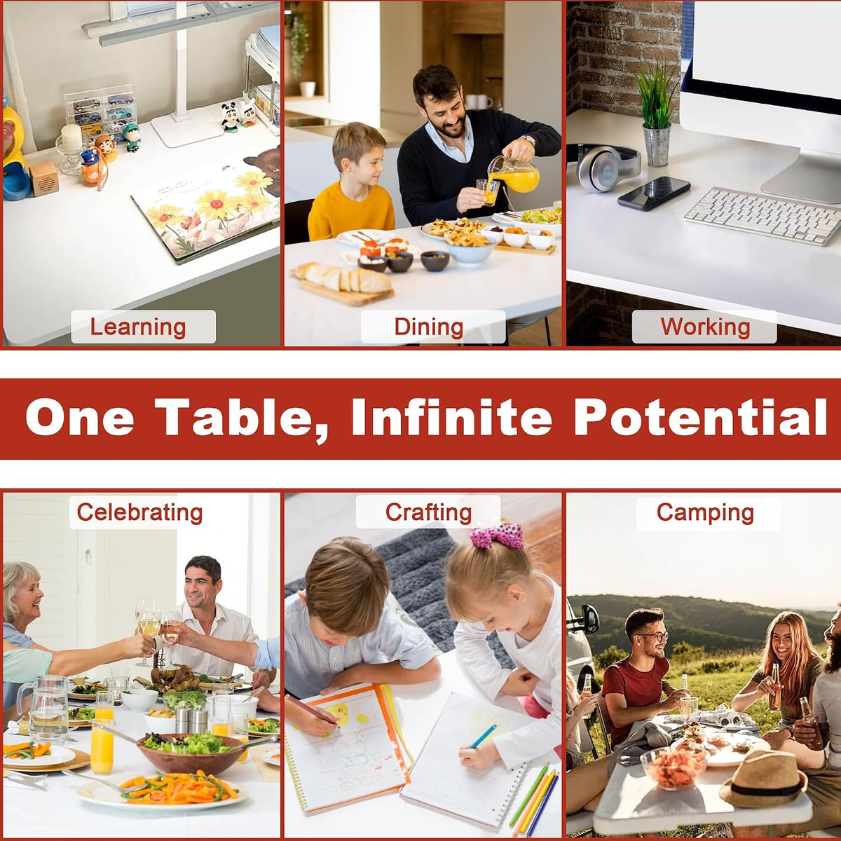 Elevon Folding Table, 6 Feet Heavy Duty Fold-in-Half Utility Table Indoor Outdoor for Camping, Picnic, Party