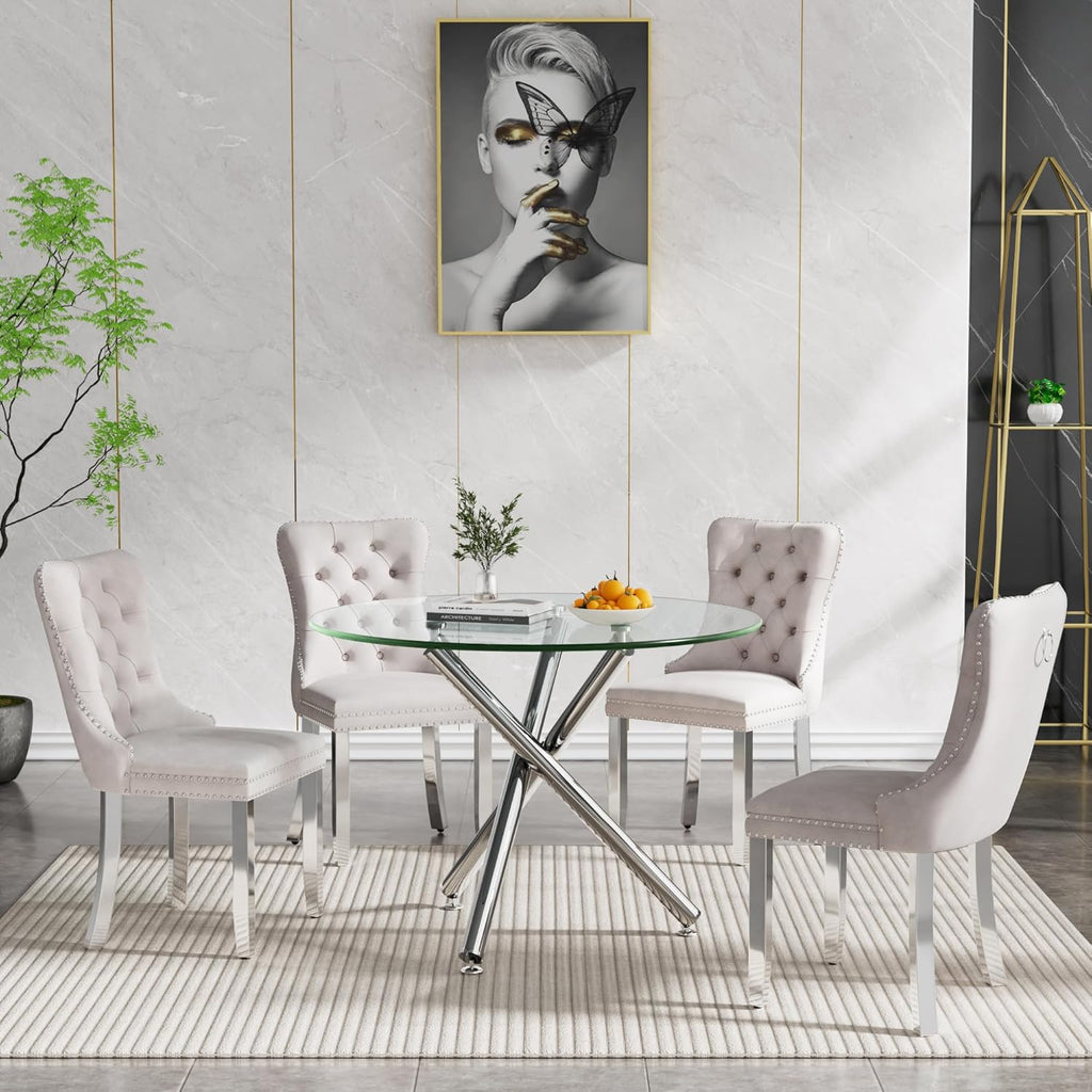 36" Luxury Silver Glass Dining Room Table Set for 4, 5-Piece Round Kitchen Dining Table Set with Cross Metal Legs and 4 Beige Velvet Upholstered Chairs, Glass Kitchen Table and Chairs Set