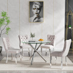 36" Luxury Silver Glass Dining Room Table Set for 4, 5-Piece Round Kitchen Dining Table Set with Cross Metal Legs and 4 Beige Velvet Upholstered Chairs, Glass Kitchen Table and Chairs Set