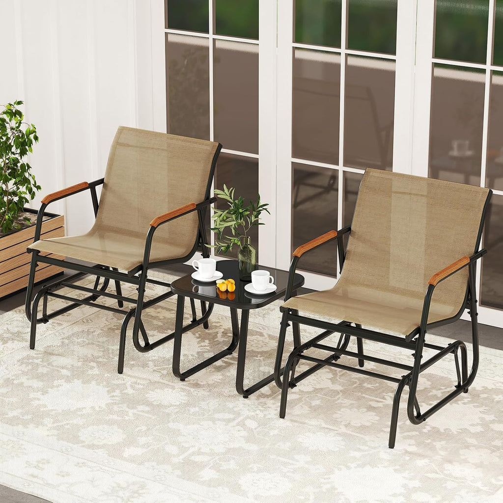 Tangkula 3 Piece Patio Bistro Glider Set, 2 Rocking Chairs w/Tempered Glass Side Table, Patio Furniture Set w/Smooth Rocking Motion, Outdoor Glider Chair Set for Porch, Yard, Balcony