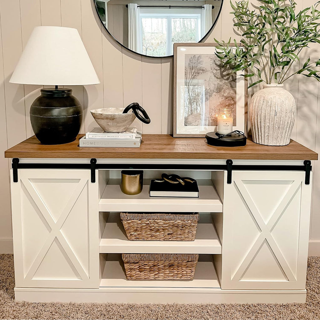 PHI VILLA Farmhouse Coffee Bar Cabinet, Barn Door Kitchen Storage Cabinet | White Farmhouse Coffee Bar Cabinet, Sliding Barn Door Kitchen Sideboard Buffet Storage Cabinet with Shelves for Living Room