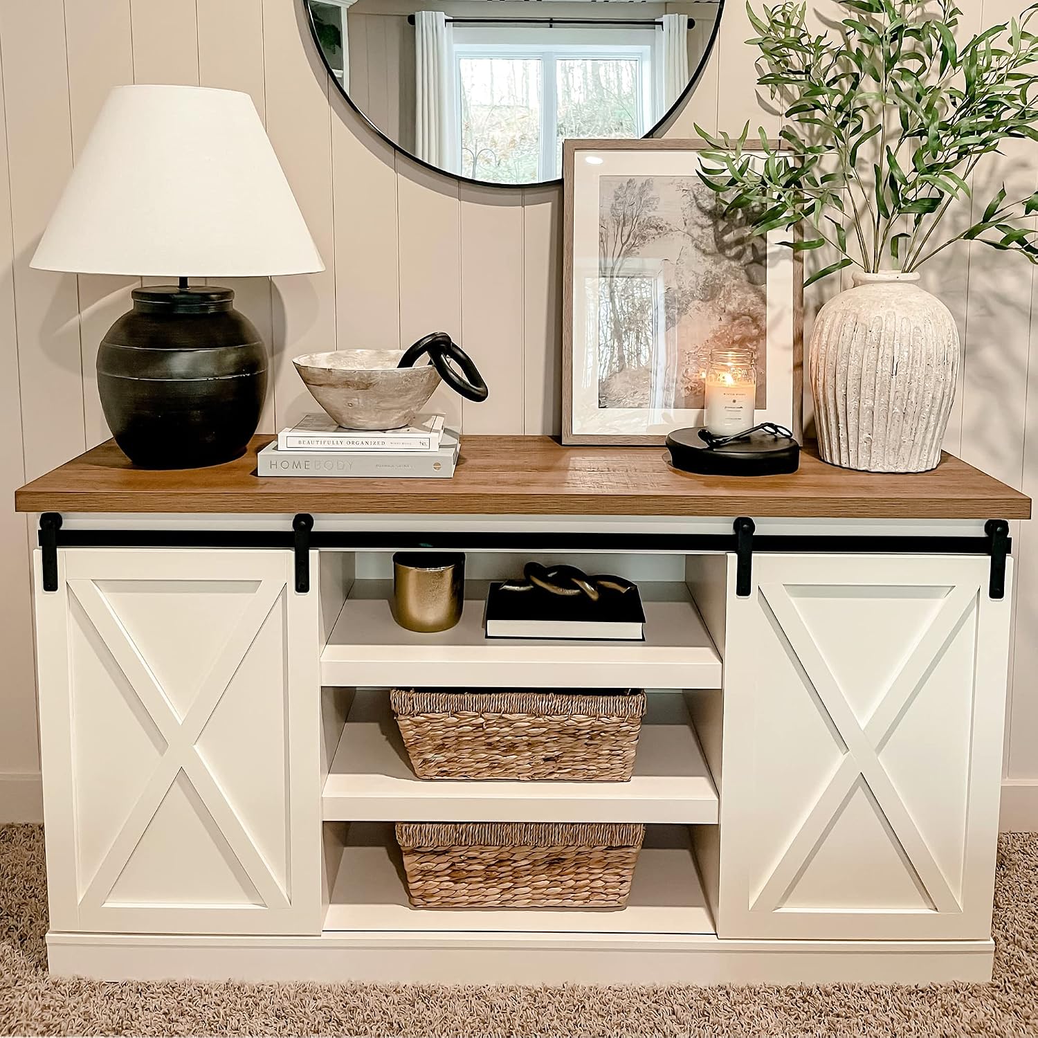 PHI VILLA Farmhouse Coffee Bar Cabinet, Barn Door Kitchen Storage Cabinet | White Farmhouse Coffee Bar Cabinet, Sliding Barn Door Kitchen Sideboard Buffet Storage Cabinet with Shelves for Living Room