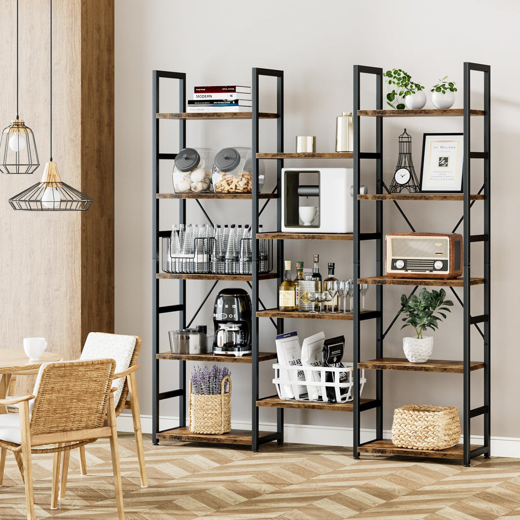 NUMENN Triple Column 5 Tier Bookshelf with 14 Adjustable Shelves, Vintage | Metal Frame & Wood Shelves, Open Freestanding Storage Unit with Supporting Bars for Bedroom, Living Room and Home Office