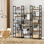 NUMENN Triple Column 5 Tier Bookshelf with 14 Adjustable Shelves, Vintage | Metal Frame & Wood Shelves, Open Freestanding Storage Unit with Supporting Bars for Bedroom, Living Room and Home Office