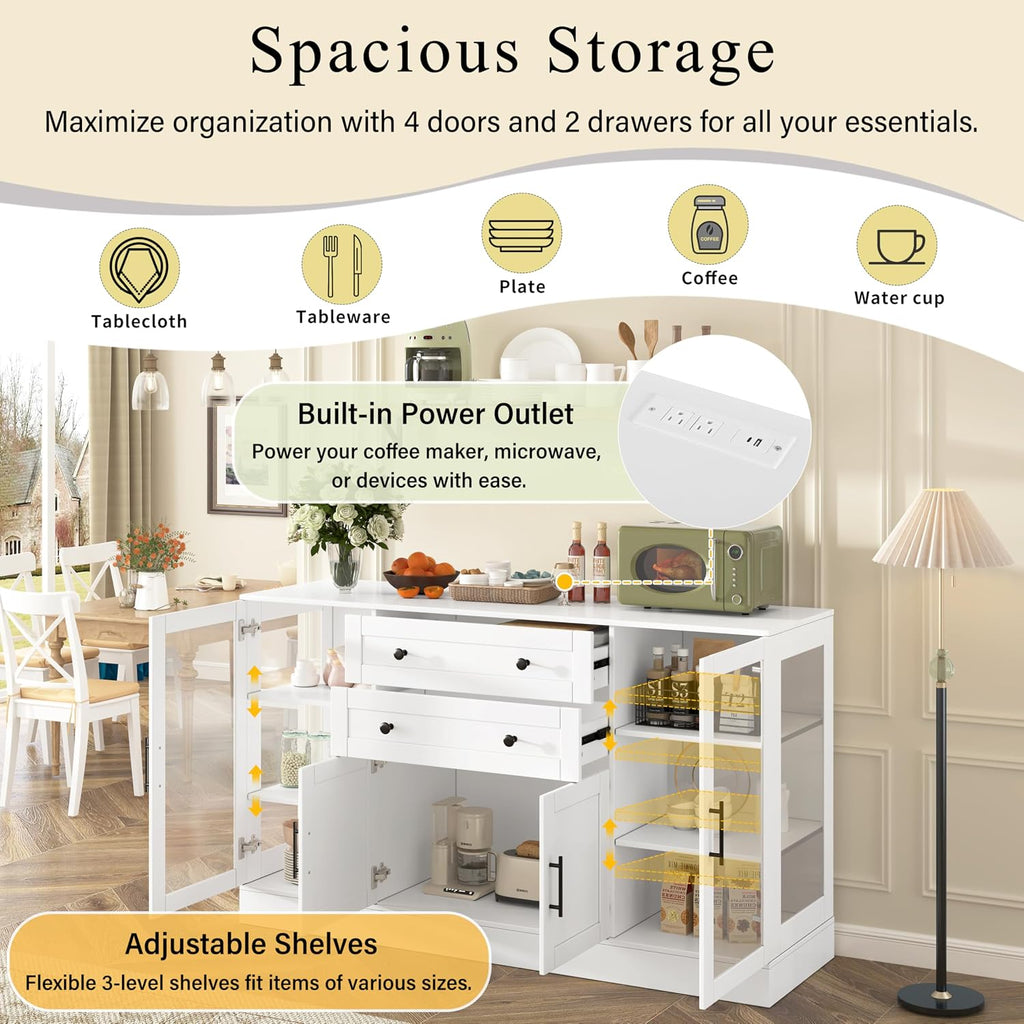 58.3" Modern Buffet Sideboard with 4 Doors & 2 Drawers, Modern Buffet Cabinet with Storage Adjustable Shelves, Power Outlet, Acrylic Panels, Storage for Dining Room, Living Room and Kitchen (White)