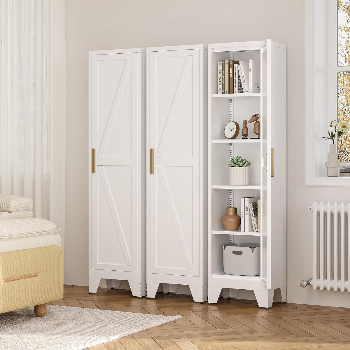 LCAOPC 67" Tall Narrow Bathroom Metal Storage Cabinet with 4 Adjustable Shelves, Freestanding 5 Tier Slim Pantry Storage Cabinet for Small Space, White
