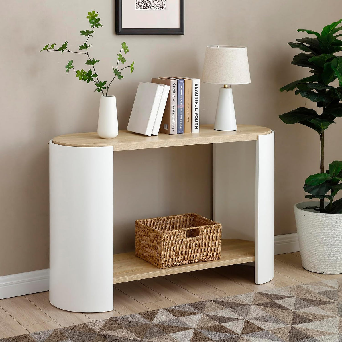 48'' End Table for Living Room, Modern Wood Side Table with 2-Layer Storage Shelves, Contemporary Unique Sofa Table for Apartment, Small Space, Easy Assembly, Natural White