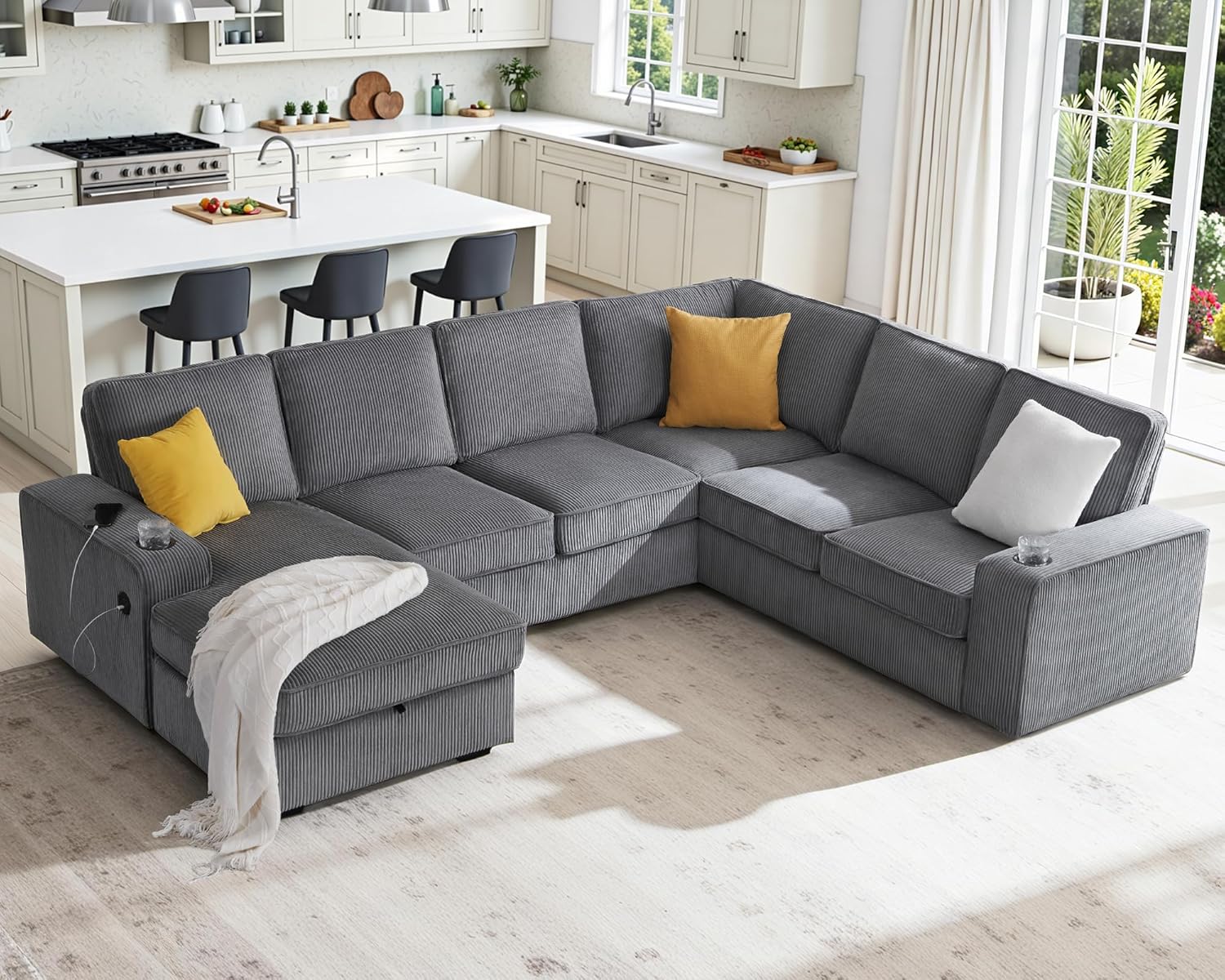 112" Sectional Couch, U Shaped Couch with Storage, Couches for Living Room | Storage Chaise, Cup Holders, USB & Type-C Charging Ports, L Shaped Sofa for Living Room & Guest Bedroom, Corduroy Grey