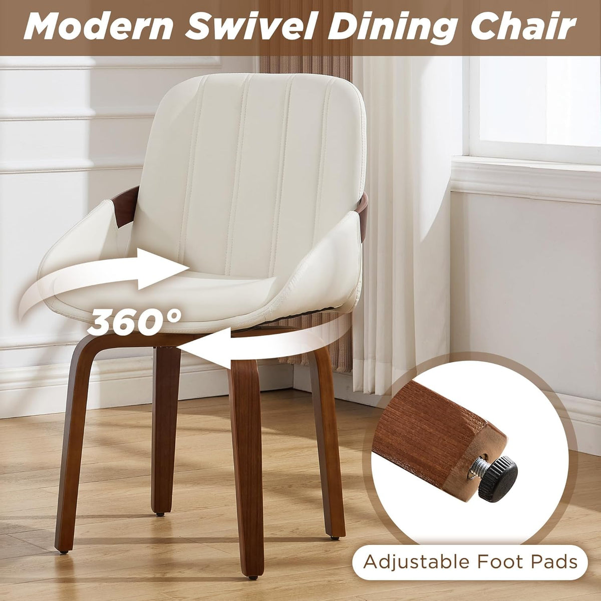Swivel Dining Chairs, Mid Century Modern Faux Leather Dining Room Chairs with Arms, Upholstered Kitchen Vanity Accent Chair, Walnut Backrest Support & Sturdy Wood Legs (White, Set of 6)